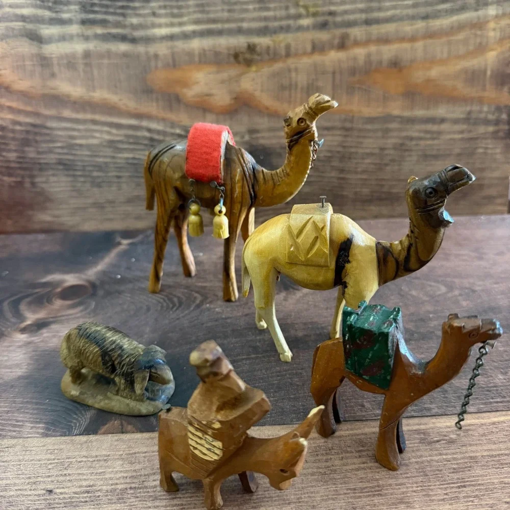 Vintage Hand Carved Olive Wood Nativity Animal Figurines Set of 5 Camels Donkey